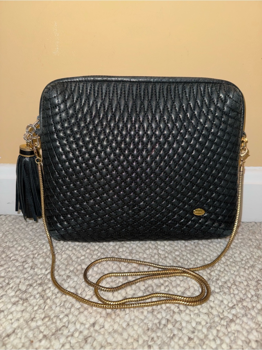 Bally vintage Quilted Black Crossbody Bag with Gold Chain Strap